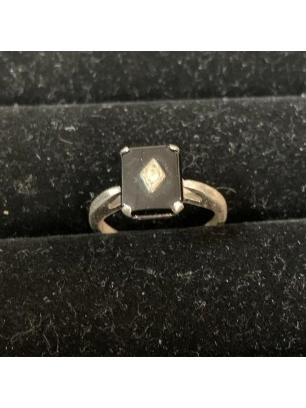 Vintage Sterling Silver Black Onyx Ring with Clear Stone Accent - Art Deco Style